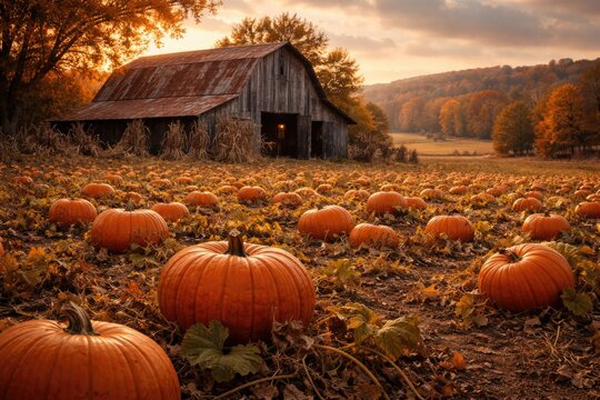 Autumnal field filled with plump pumpkins and a weathered barn adding charm to the countryside