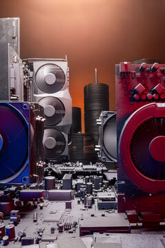 Closeup of motherboards with heatsink. fans and graphics card.