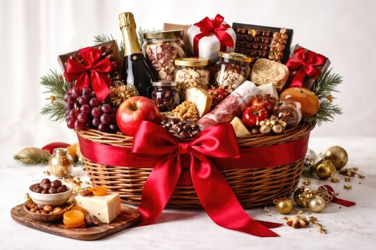 Deluxe food gift hamper decorated with bright red ribbon over white surface