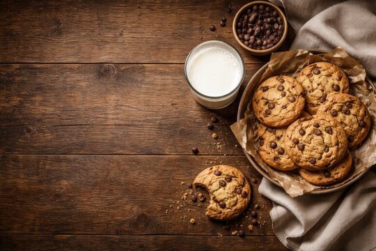 Flat lay of cookies and milk on textured wood surface with copy space