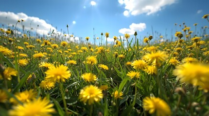 Fototapeta premium A serene field of vibrant yellow dandelions sways gently under a bright blue sky with fluffy white clouds.