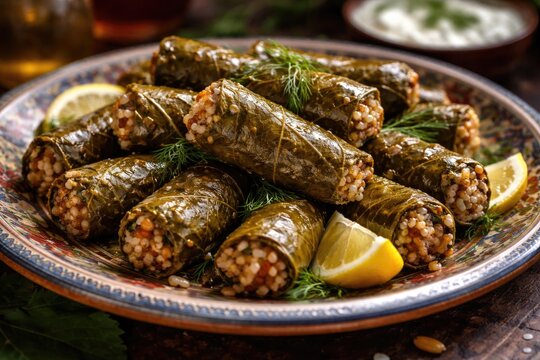 Flavorful rice stuffed grape leaf dolma arranged on a decorative ceramic dish