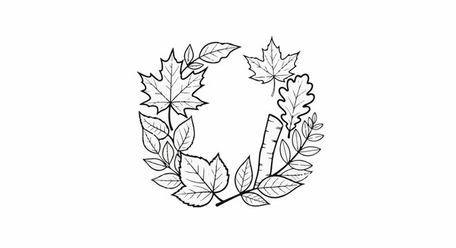 Outline circle of assorted autumn leaves and a twig