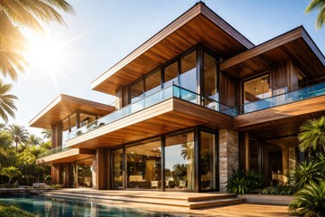 Fototapeta premium Bright sunlight illuminates a wooden villa with smooth modern lines from a low angle