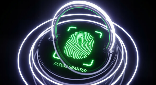 Fingerprint scan access granted, glowing green biometric identification, futuristic cyber security interface, digital authentication technology, virtual safety concept art backdrop decoration art.