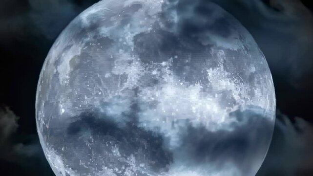 Drifting layered clouds sliding across full moon in night sky, light wind causing brief hiding