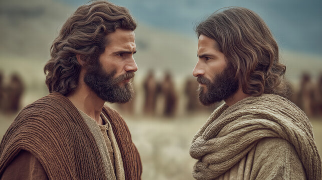 Cain and Abel standing face to face in tension, biblical scene of conflict, jealousy, and impending tragedy, dramatic atmosphere