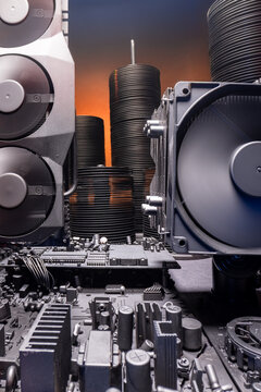 Detailed view of motherboards and graphic card (GPU) on board.