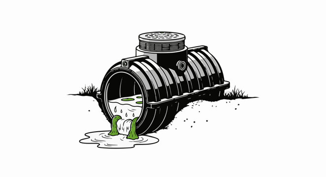 A black underground septic tank with green liquid flowing out
