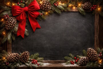 Fototapeta premium Old style chalkboard featuring pine cones and a vibrant red bow with classic slate background and seasonal ornaments with copy space