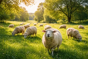Fototapeta premium Joyful grazing sheep on vibrant grass lawn with full length summer view
