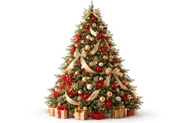 Fototapeta premium Holiday Christmas tree adorned with ribbons on white backdrop