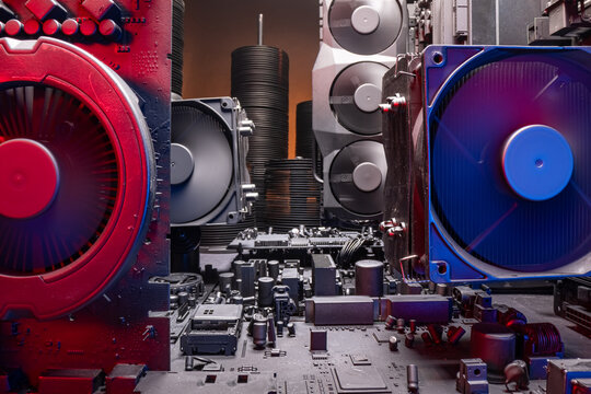 Closeup of motherboards as server or data center.