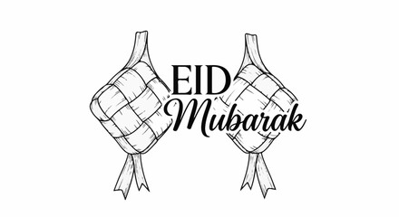 Obraz premium Black and white illustration of two woven rice dumplings for Eid Mubarak