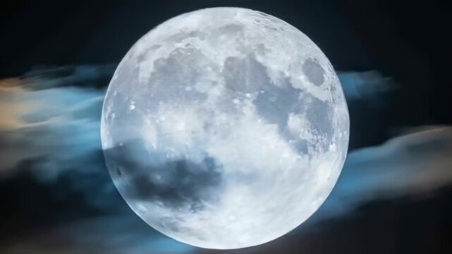 Sweeping wind-pushed clouds drifting from left across center full moon at night, revealing craters