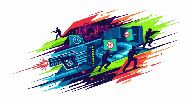 Dynamic illustration of laser tag game with silhouetted players and colorful energetic streaks