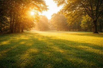 Naklejka premium Golden morning light shining on a spacious green lawn and surrounding trees with copy space