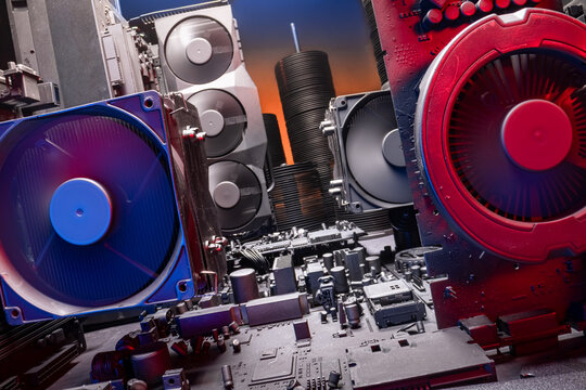 Spinning fans on motherboards with large cooling radiator and fans.