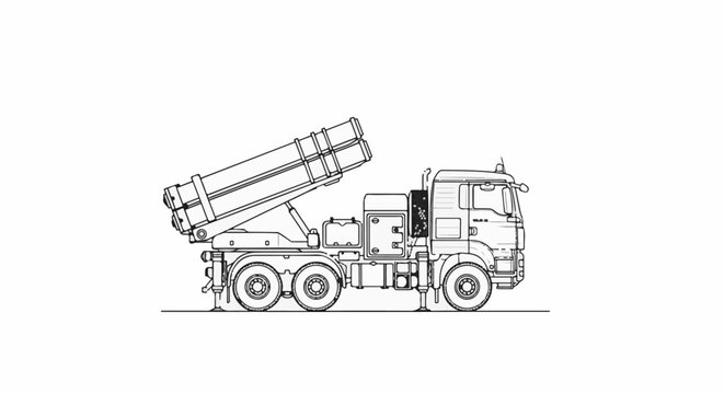 Detailed line drawing of a multi-tube rocket launcher mounted on a heavy-duty truck