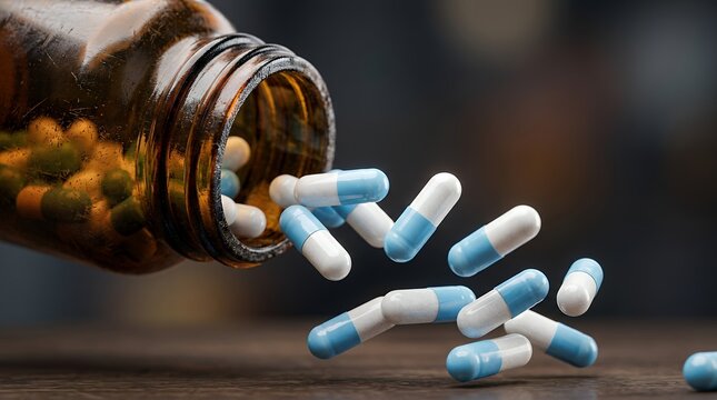 Pharmaceutical blue and white capsules spilling from amber glass bottle, medical pills on wooden table, healthcare supplement and antibiotic medication isolated on Transparent Background