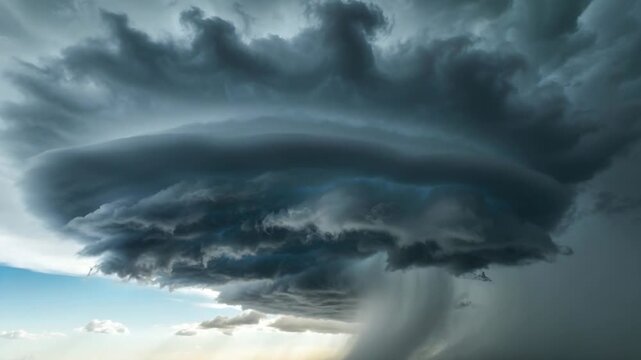 Developing supercell cloud showing upper shelf, dark core over horizon, rain shaft intensifying