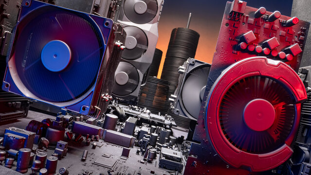 Spinning fans on motherboards with graphics card, heatsink and fans.