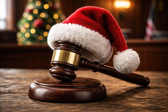 Holiday themed red hat crowning a judge's gavel on weathered wood