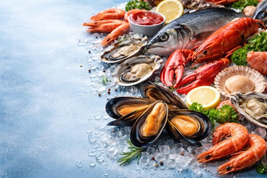 Culinary fresh seafood arrangement including open mussel on soft blue background with copy space