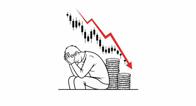 Desperate person with coins and a downward trending stock chart
