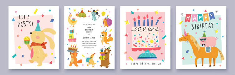 Set of Birthday greeting card with cute cartoon character animals, cake and colorful confetti. © LittleWhale