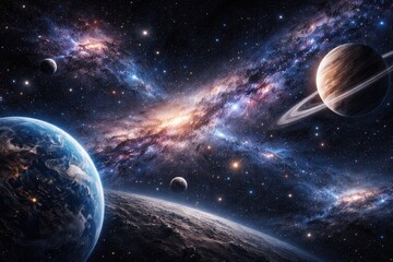 Fototapeta premium Cosmic panorama of distant planets glowing stars and expansive galaxies