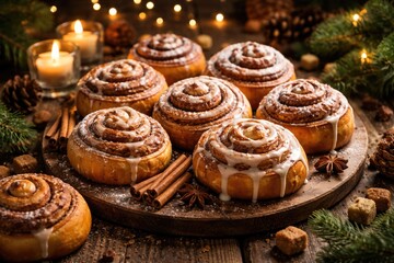 Fototapeta premium Delicious bakery cinnamon pastries presented on natural wood with festive ambiance