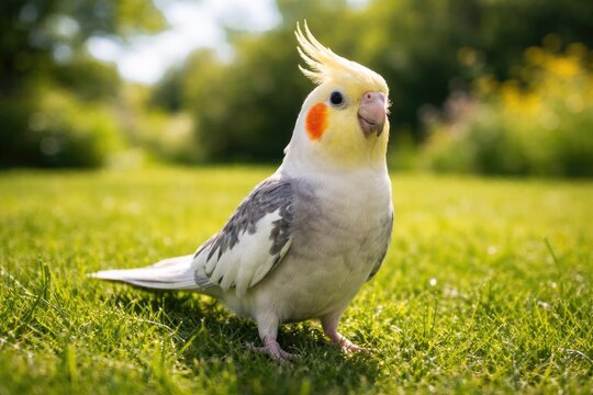 Cheerful pet white and grey corella on fresh green lawn with a full length summer day view