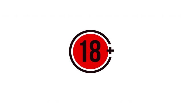 18 plus age restriction label sign animation. Adult only content access for mature audience. Digital media alert. Animated attention element. Motion graphic with text. Inform notification 4K video
