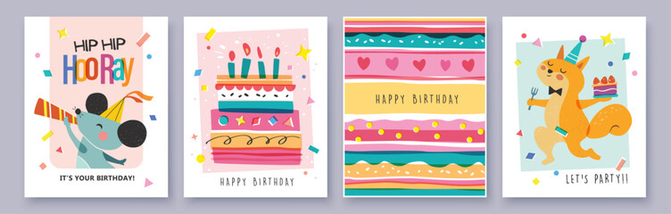 Set of Birthday greeting card with cute little mouse, fox, cakes and colorful confetti. © LittleWhale
