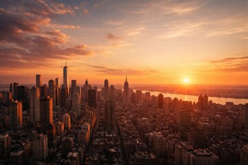 Fototapeta premium Expansive city skyline bathed in warm sunset tones with open copyspace area