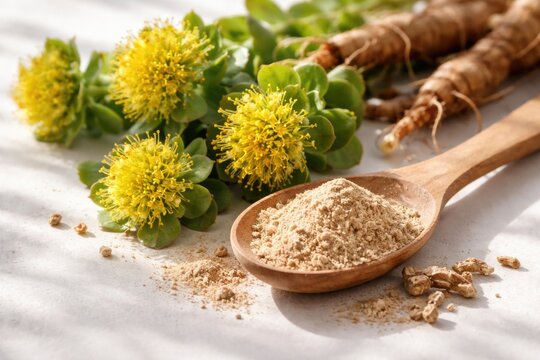 Fresh Rhodiola Rosea flowers paired with root powder in a wooden spoon against a bright minimal surface