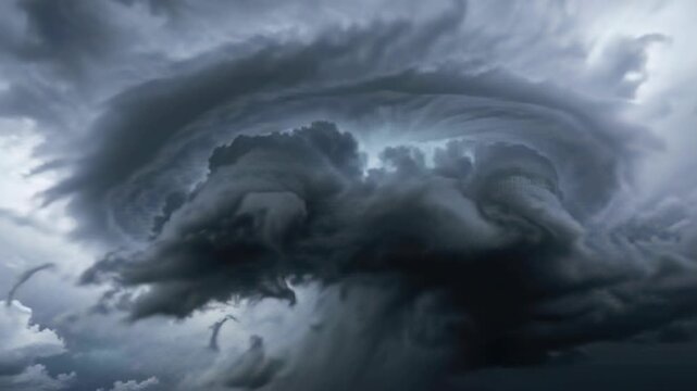 Focusing camera recording rotating storm cloud in sky, intensifying convection and tightening core