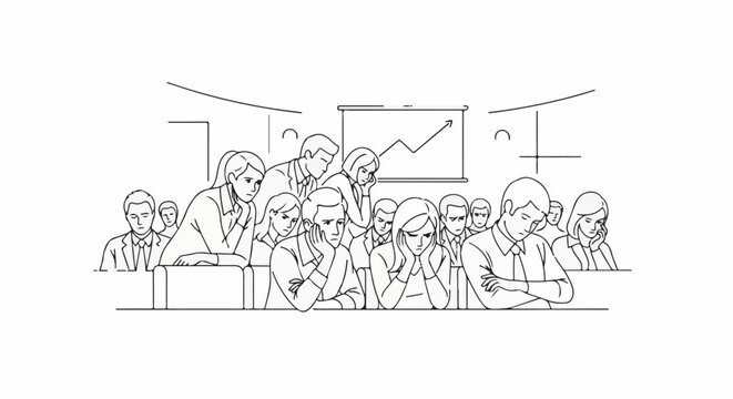 A group of people in a meeting room look dejected at a rising graph