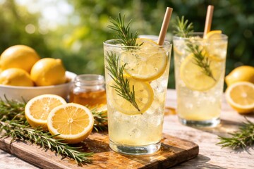 Fototapeta premium Healthy lemon lemonade garnished with rosemary and ice on a sunny afternoon