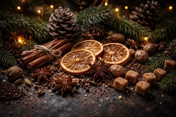 Fototapeta premium Dark background presentation of Christmas spices combined with pinecones and dried fruits for seasonal festive inspiration
