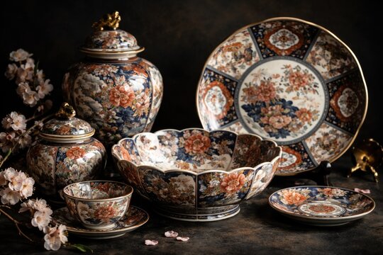 Antique Japanese imari porcelain on black setting with soft focus effect