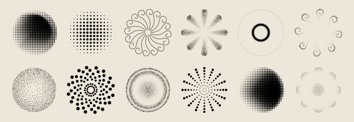 Abstract circular pattern with radial halftone dots and dynamic swirl effect, vector icons isolated on background. Modern geometric gradient design, graphic elements with spiral shape, pulse texture