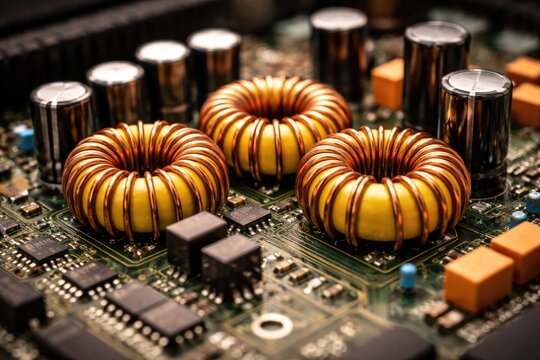 Electronic circuit board closeup featuring copper wrapped yellow ferrite toroidal coils and capacitors