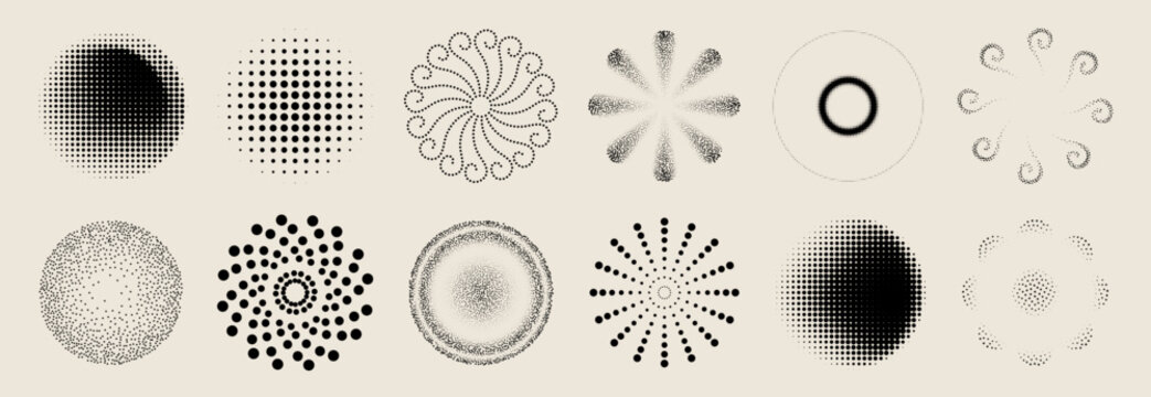 Abstract circular pattern with radial halftone dots and dynamic swirl effect, vector icons isolated on background. Modern geometric gradient design, graphic elements with spiral shape, pulse texture