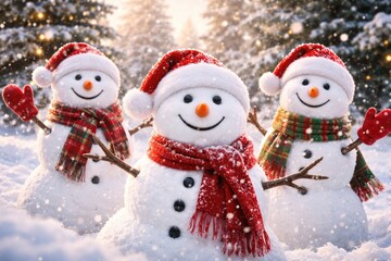 Fototapeta premium Happy snowmen with Santa hats enjoying snowy outdoors
