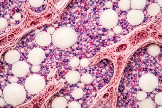 Bone marrow biopsy histology under microscope with focus on hematopoietic cells, fatty tissue, and bony trabeculae arrangement