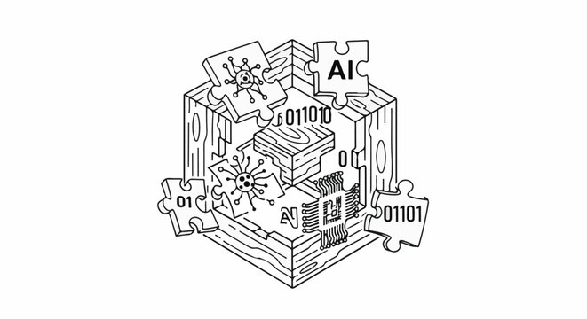 Interconnected puzzle pieces forming a cube with AI, binary code, and circuit elements