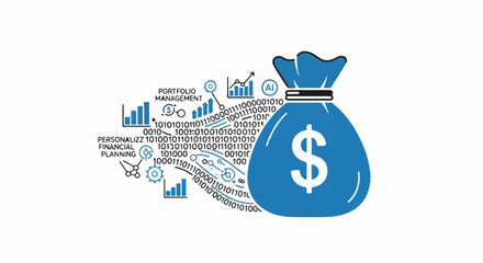 Naklejka premium Blue money bag with charts, binary code, and AI icon, symbolizing financial growth