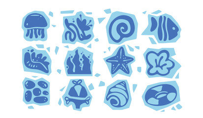 Obraz premium Set of abstract boho icons with blue sea elements. Vector illustration of summer beach stickers with fish, shell, seaweed, bikini silhouettes, pattern for tropical sea resort, surf club banner design